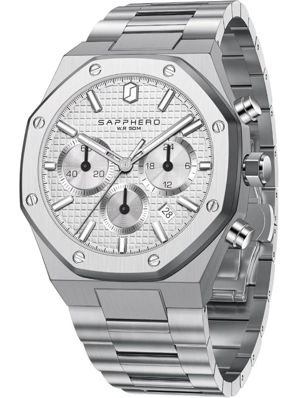 Men's Silver Strap Silver White Stainless Steel Octagonal Date Quartz Watch